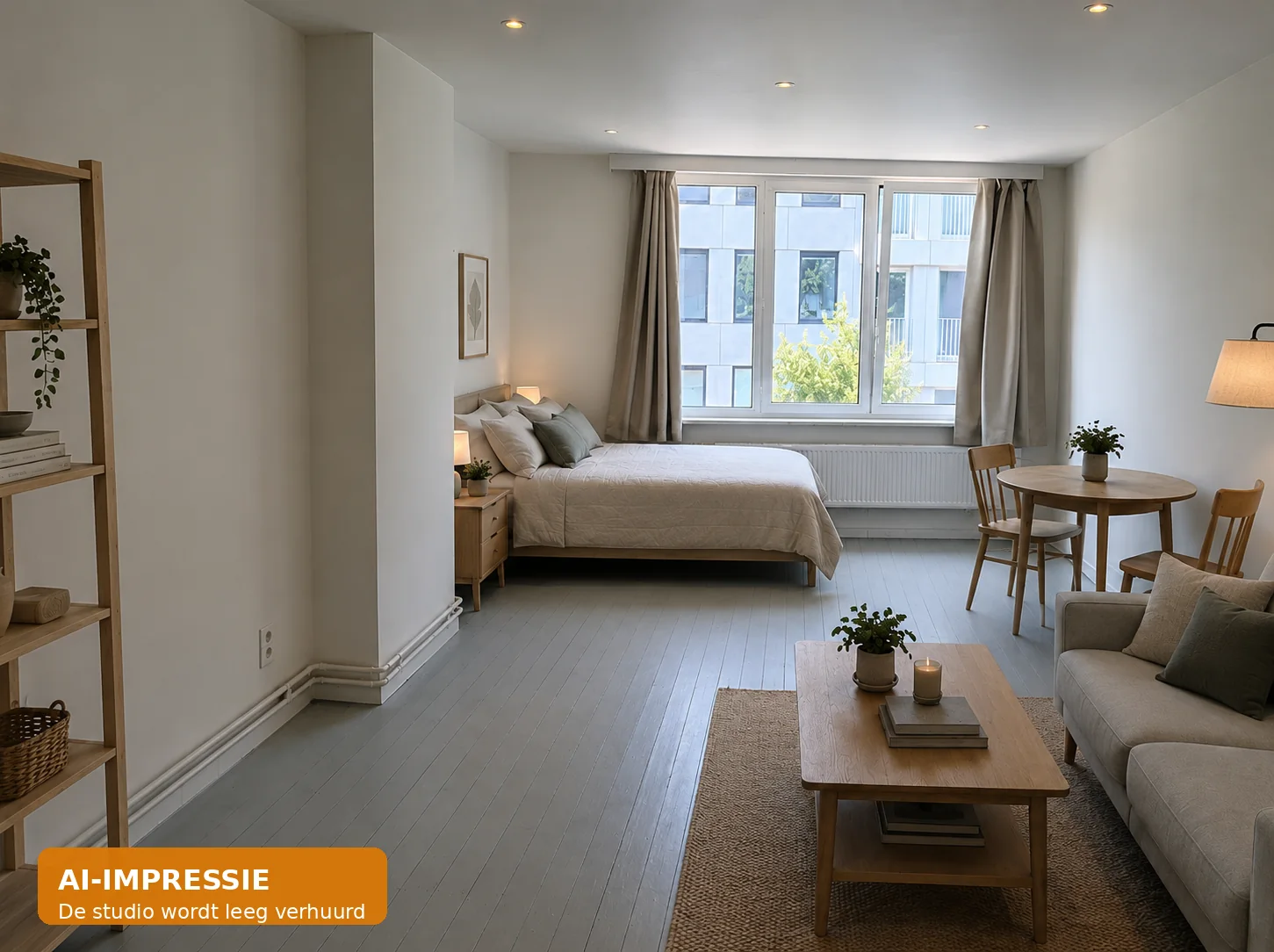 AI-impressie van de ingerichte leefruimte van studio 202 Kloosterstraat Antwerpen